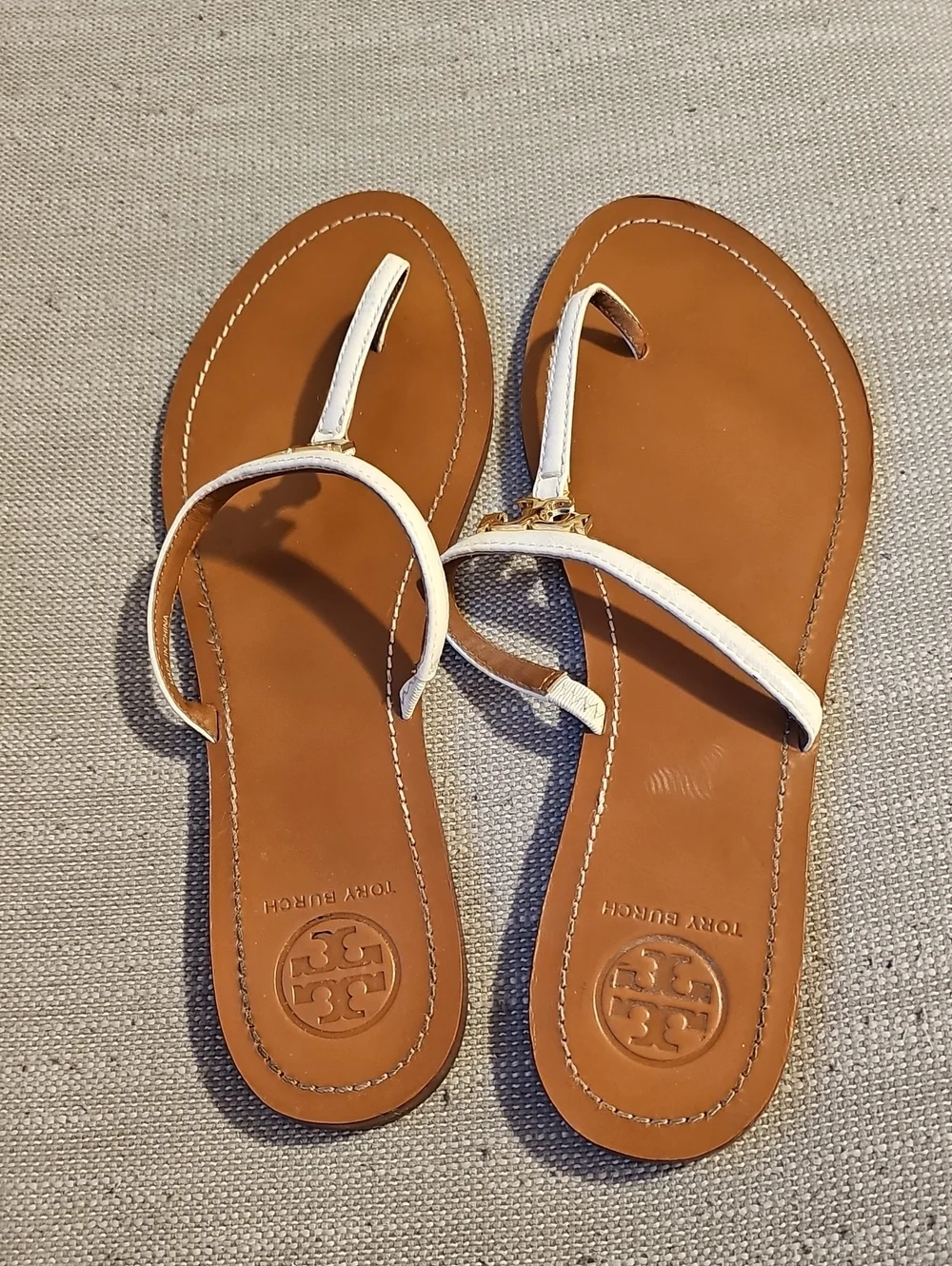 Tory Burch Brown Leather Thong Sandals with White Straps & Gold Logo